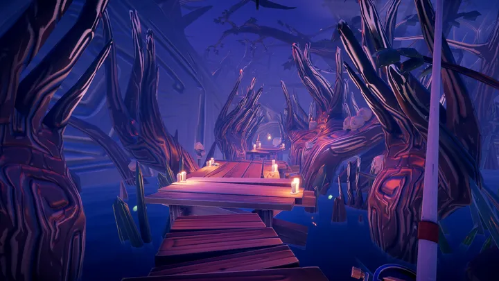 A purple-lit wooden boardwalk among twisted swamp trees in Voodoo Fishin'.