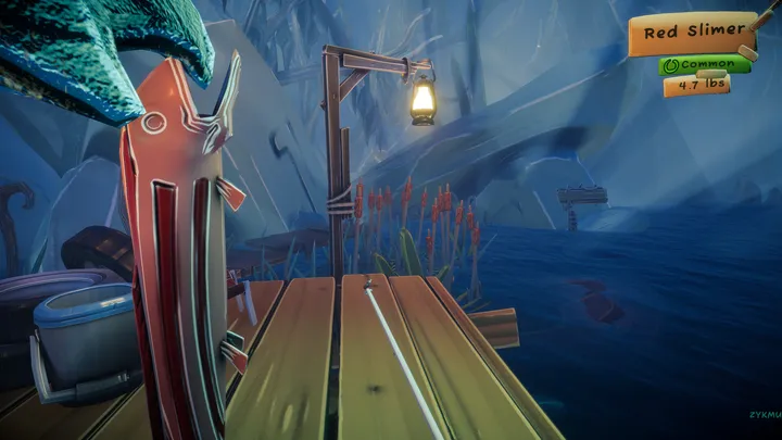 A wooden dock and direction signs in Voodoo Fishin', introducing your first fishing trip.