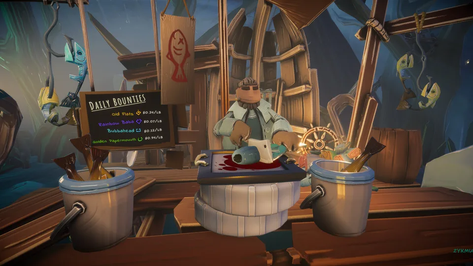 A Fish Monger at the dock in Voodoo Fishin', illustrating the shop tied to a shared quota meter.