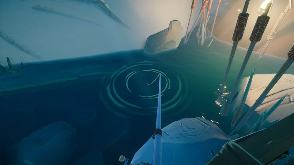 A fishing line and circular ripples in Voodoo Fishin', illustrating the casting and reeling task.