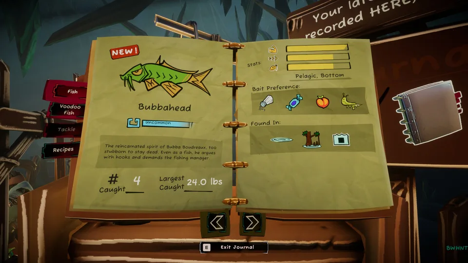 An open Voodoo Fishin' Journal with a fish illustration, preference icons and catch records.