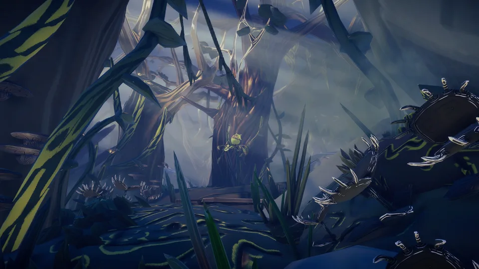 Trees and tangled branches above the swamp in Voodoo Fishin', introducing the guide library.