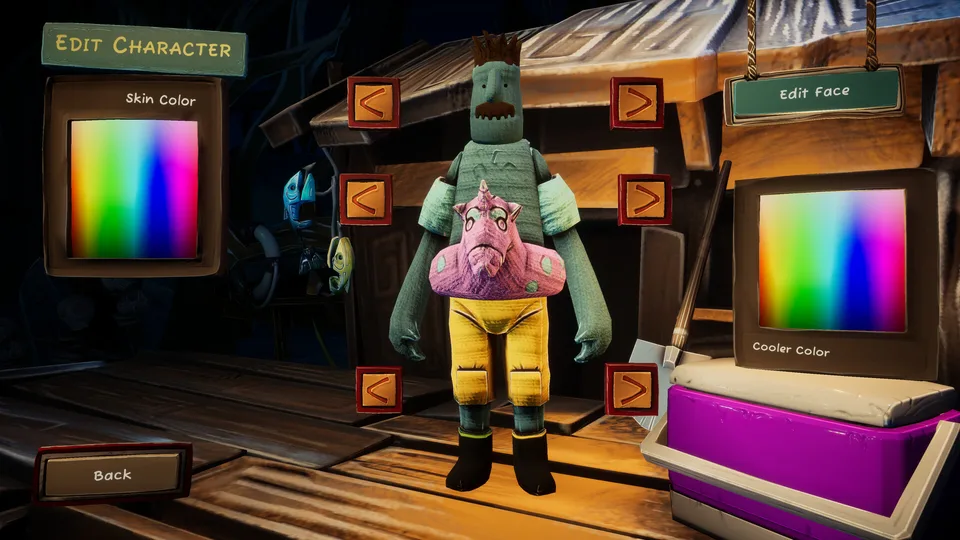 The Voodoo Fishin' Edit Character screen with a puppet, arrow selectors and color palettes; contextual promotional image with unknown build.