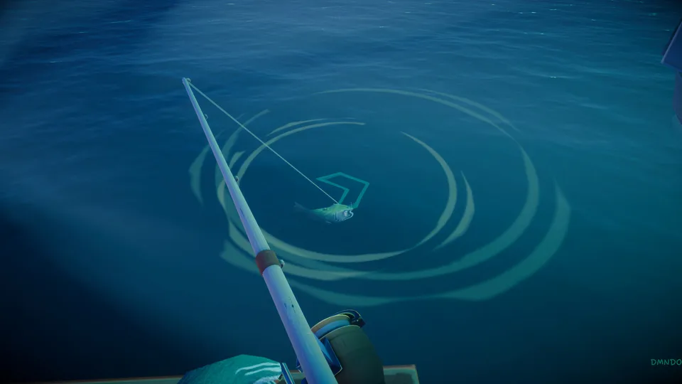 A fishing rod pointed into open water in Voodoo Fishin', providing context for a quiet solo trip.